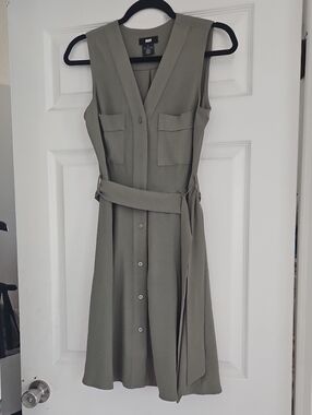 DKNY Olive Green Sleeveless Button-Front Midi Dress with Self-Tie Belt